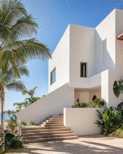 Obraz na płótnie Modern coastal architecture with palm trees and ocean view in bright sunny weather w salonie
