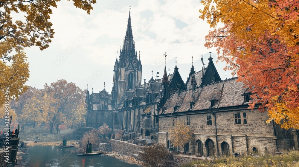 Fototapeta premium Gothic Church Canal Autumnal Landscape Scene