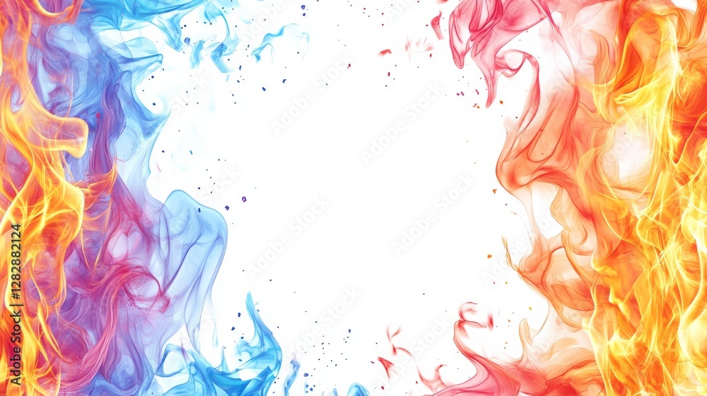 Fototapeta premium Cartoon fire frame with dynamic flames in vibrant colors, hot blazing borders, and a fiery divider design, isolated on white