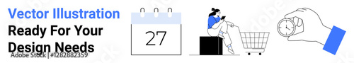 Calendar with marked date, person sitting near shopping cart, and hand holding stopwatch. Ideal for e-commerce, deadlines, scheduling, time management, retail, online shopping flat landing page