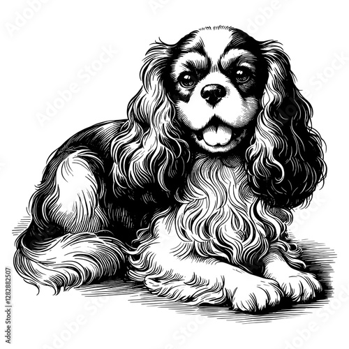 Line art drawing of Cavalier King Charles Spaniel dog's ink sketch vector hand drawn illustration background