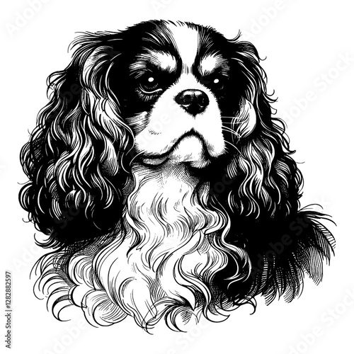 Line art drawing of Cavalier King Charles Spaniel dog's ink sketch vector hand drawn illustration background