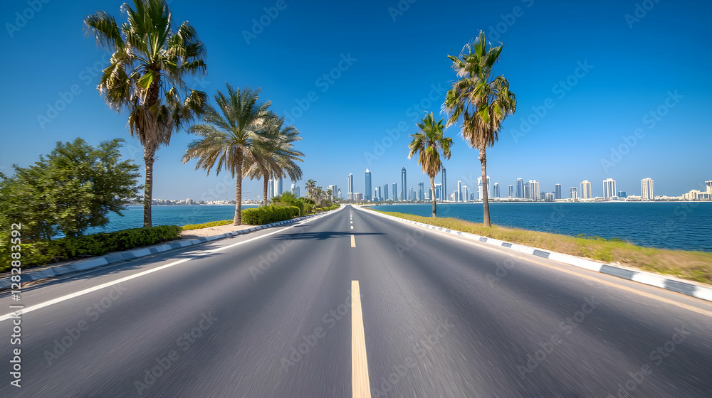 Palm-lined road leads to modern city skyline on sunny day; coastal highway, travel, vacation destination Palm-lined road leads to modern city skyline on sunny day; coastal highway, travel, vacation destination