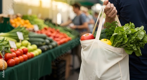 Un primer plano de la mano de una persona sosteniendo una bolsa de compras reutilizable con verduras al fondo en un mercado de agricultores local