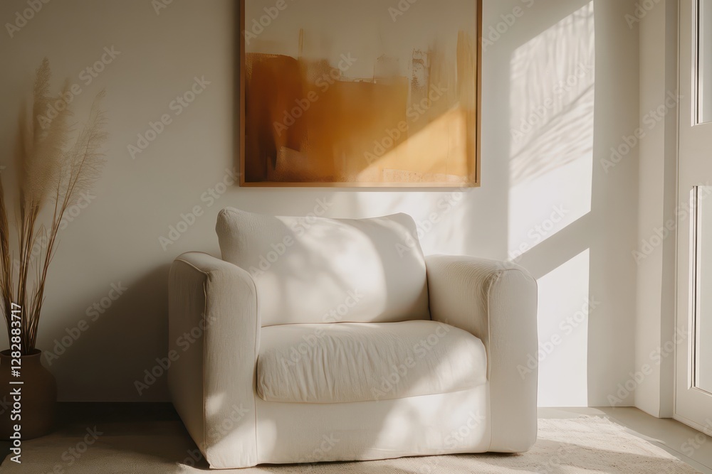 Fototapeta premium Minimalist home setting with a simple white armchair, abstract wall art, and a soft beige carpet