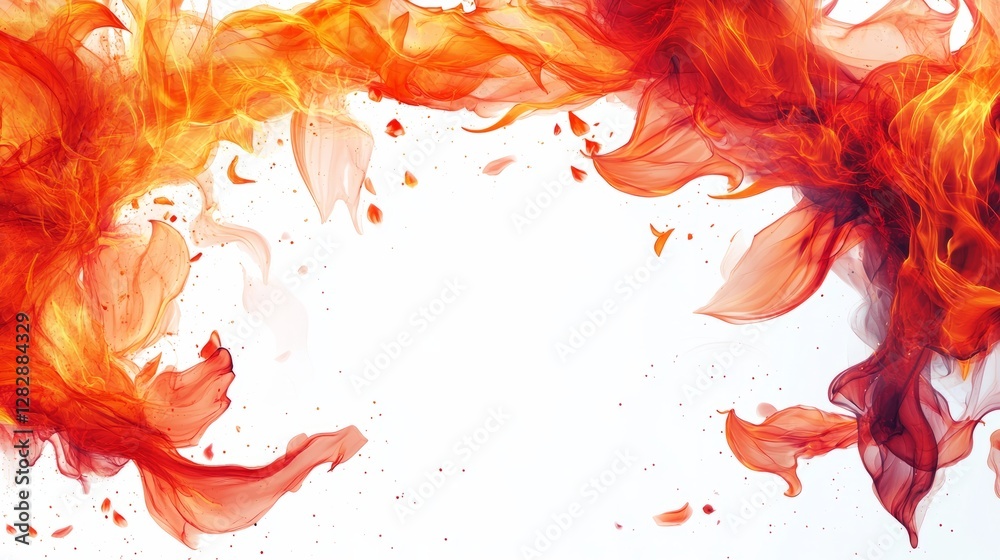 Obraz premium Cartoonish blazing flame border with vibrant fire elements, hot and dynamic, fiery frame isolated on white