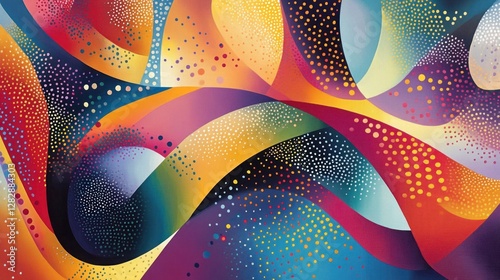 Abstract colorful flowing ribbons, dotted background, vibrant design
