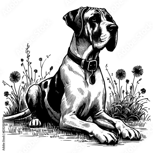 Line art drawing of Great Dane dog's in the meadow ink sketch vector hand drawn illustration background