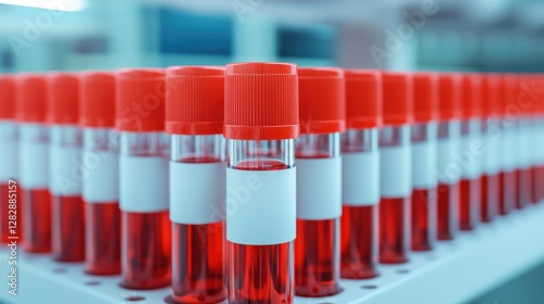A row of laboratory test tubes filled with red liquid, featuring red caps and white labels, arranged neatly on a rack in a clinical setting.