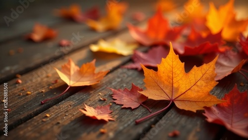 Autumnal foliage scattered on weathered wood surface, bathed in warm sunlight, showcasing vibrant fall colors and textures