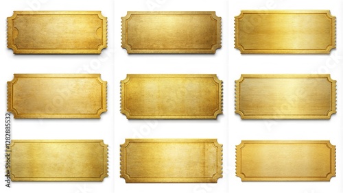 A set of golden tickets with a vintage look. The tickets are rectangular and have a gold color