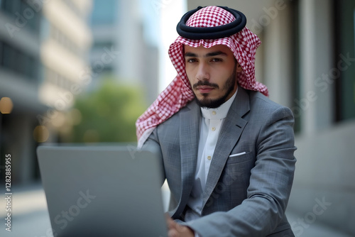 Young man in Arab headscarf and grey suit uses laptop street photo