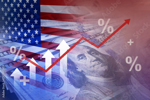 US tariff rate rising , trade policy , business graph and dollars banknote , tax calculation change  photo