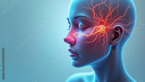 Illustration of Human Nose anatomy, nasal cavity, breathing, smelling, filtering air, respiration, lungs, scent, receptor neurons, mucous membrane, nasal valve for research science studies. photo