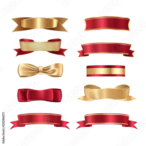 Set of gold and red ribbons isolated on transparent or white background, png