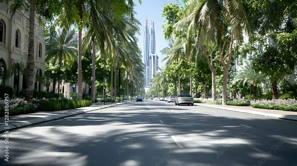 Palm-lined city street, modern skyscrapers in background, sunny day, cars driving, perfect for travel brochures or real estate advertising Palm-lined city street, modern skyscrapers in background, sunny day, cars driving, perfect for travel brochures or real estate advertising