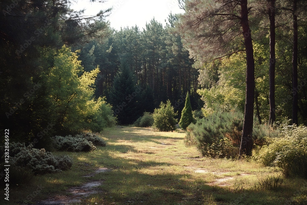 Fototapeta premium Grassy clearing illuminated by sunlight in a pine forest