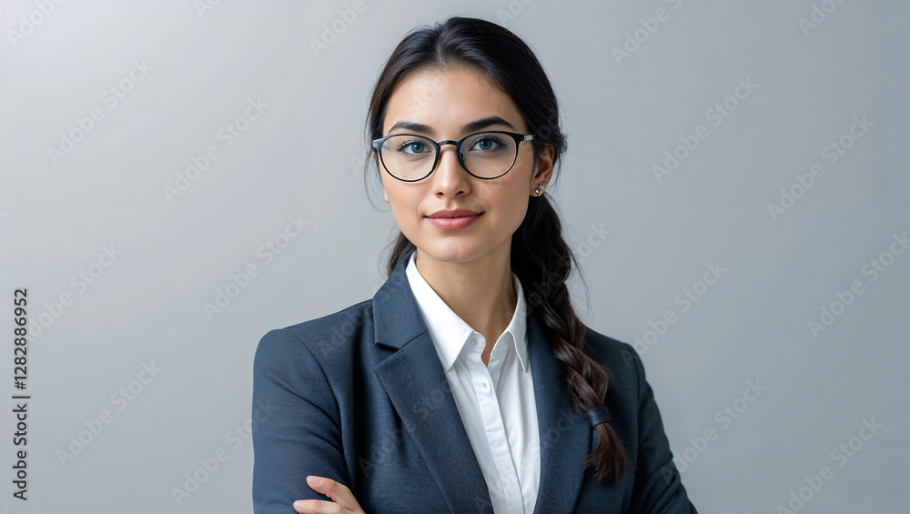 Realistic Professional Portrait of a Confident Smiling Woman in Glasses and Business Attire on Gray Background Realistic Professional Portrait of a Confident Smiling Woman in Glasses and Business Attire on Gray Background