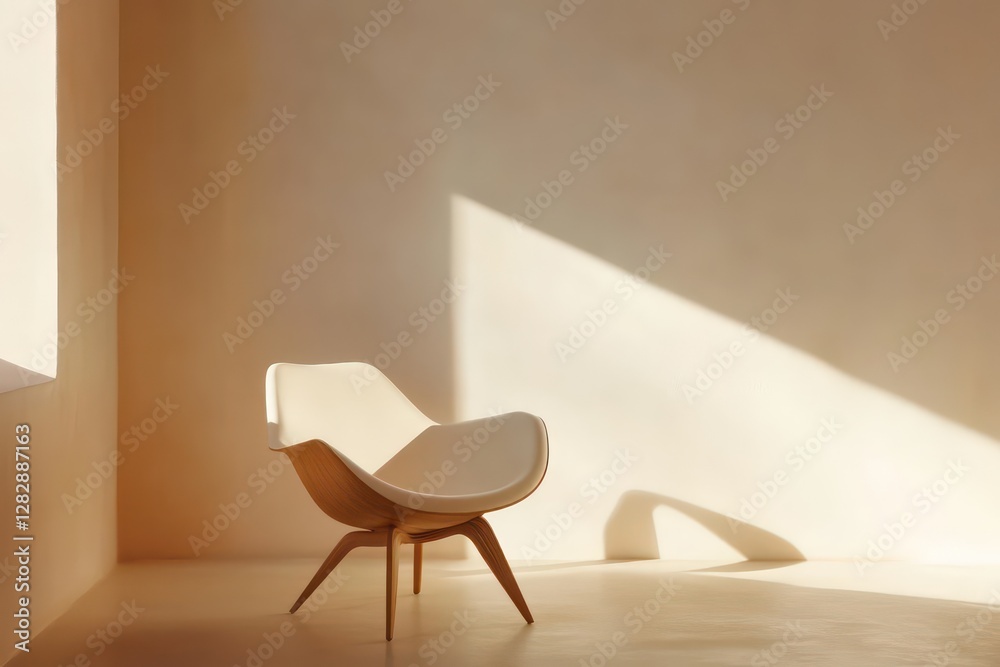 Fototapeta premium Minimalist modern armchair, sleek wooden design, soft pastel walls, artistic composition, bright airy space