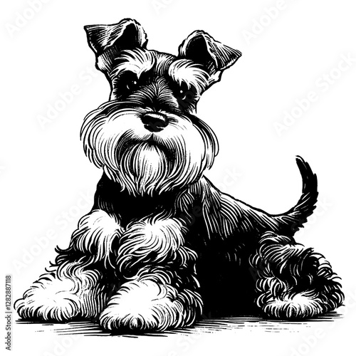 Line art drawing of Miniature Schnauzer dog's ink sketch vector hand drawn illustration background