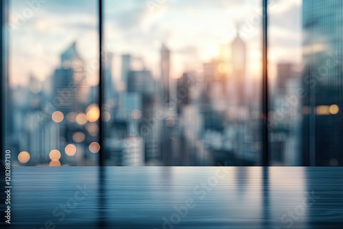 Empty office desk with city view at sunset