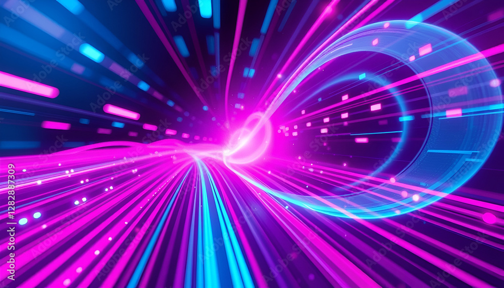 Obraz premium Abstract Futuristic Neon Wave Background with Pink & Blue Glowing Lines | High-Speed Data Transfer & Bokeh Lights