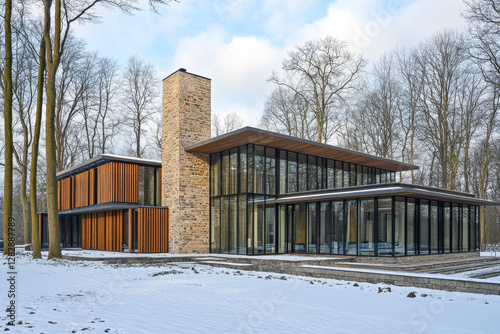 Wallpaper Mural Modern architectural design of a house surrounded by snow-covered trees in winter Torontodigital.ca