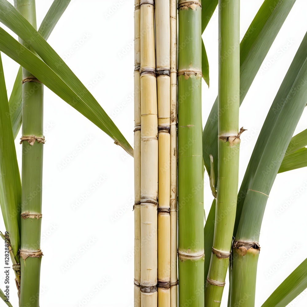 A tall bamboo plant with green leaves against a white background. A tall bamboo plant with green leaves against a white background.