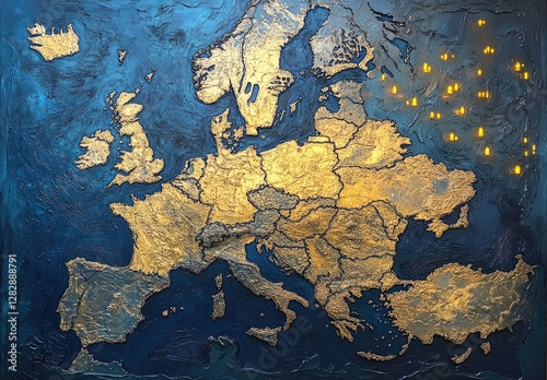 European map, gold relief, illuminated points, dark background photo