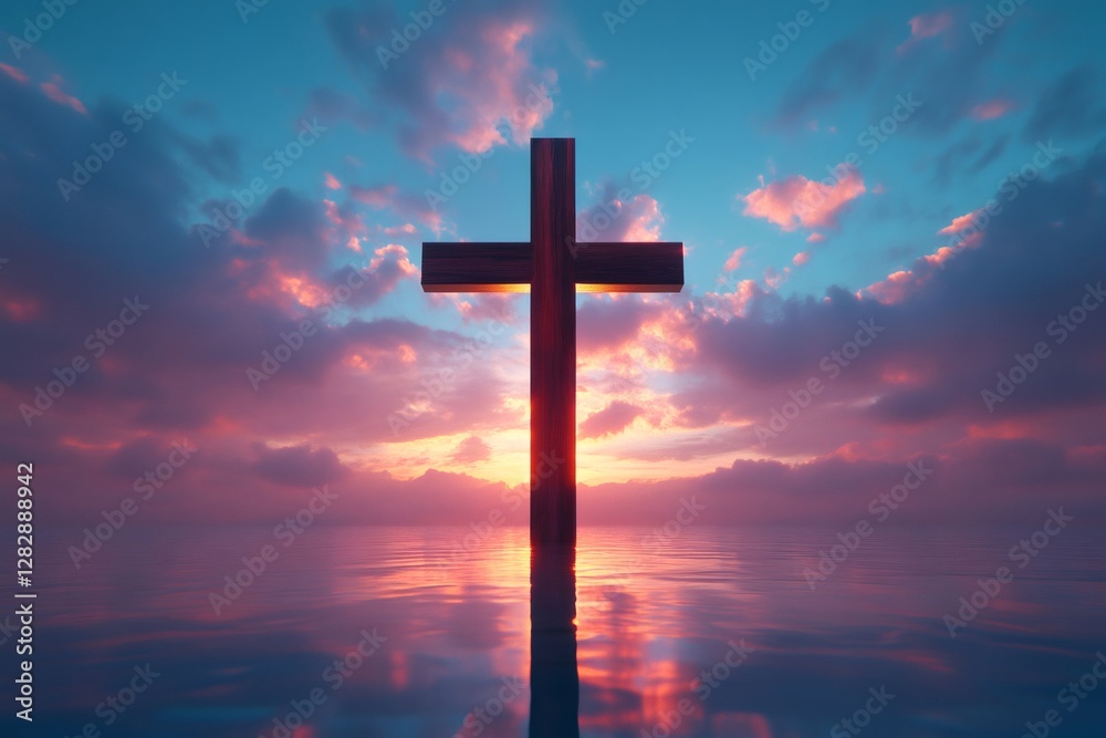 Large wooden cross standing in calm water during sunset with colorful clouds Large wooden cross standing in calm water during sunset with colorful clouds