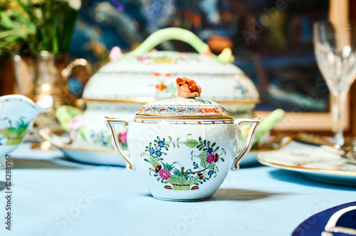 Obraz na płótnie Vintage bicentennial porcelain in excellent condition with handmade spring flowers. Magnificent spring setting Herend w salonie
