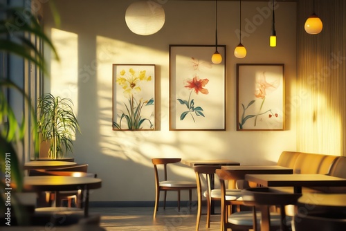 Minimalist yet cozy coffee shop interior, soft warm glow, wooden tables, stylish modern lounge setup, digital artwork with smooth brushstrokes