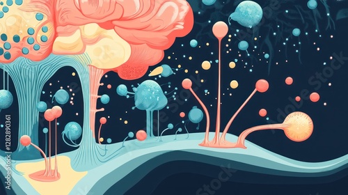 Abstract colorful surreal forest of fantastical plants and bubbles in a dark background