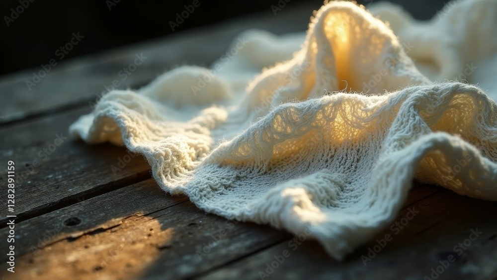 Soft, Cream-Colored Knit Fabric Draped on Rustic Wooden Surface, Bathed in Warm Golden Light