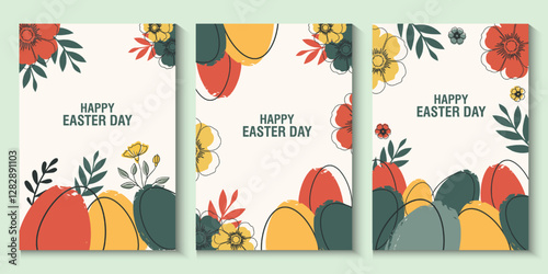 collection of Happy Easter banner and poster card. Trendy Easter design with draw eggs, bunny ears, in pastel colors. set of Horizontal greeting easter day background in Modern and minimal style.