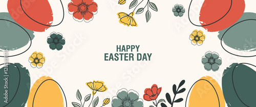 collection of Happy Easter banner and poster card. Trendy Easter design with draw eggs, bunny ears, in pastel colors. set of Horizontal greeting easter day background in Modern and minimal style.