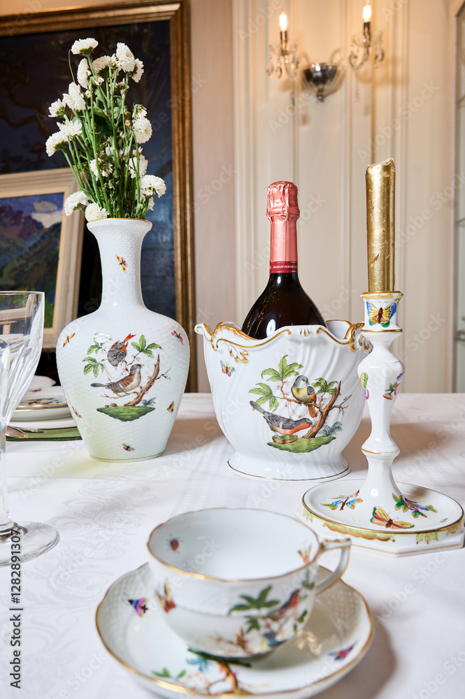 Fine vintage Rothschild Bird porcelain for true connoisseurs and royalty. The finest hand-painted forforework. Magnificent setting using unique textiles and fresh flowers. This service will not leave