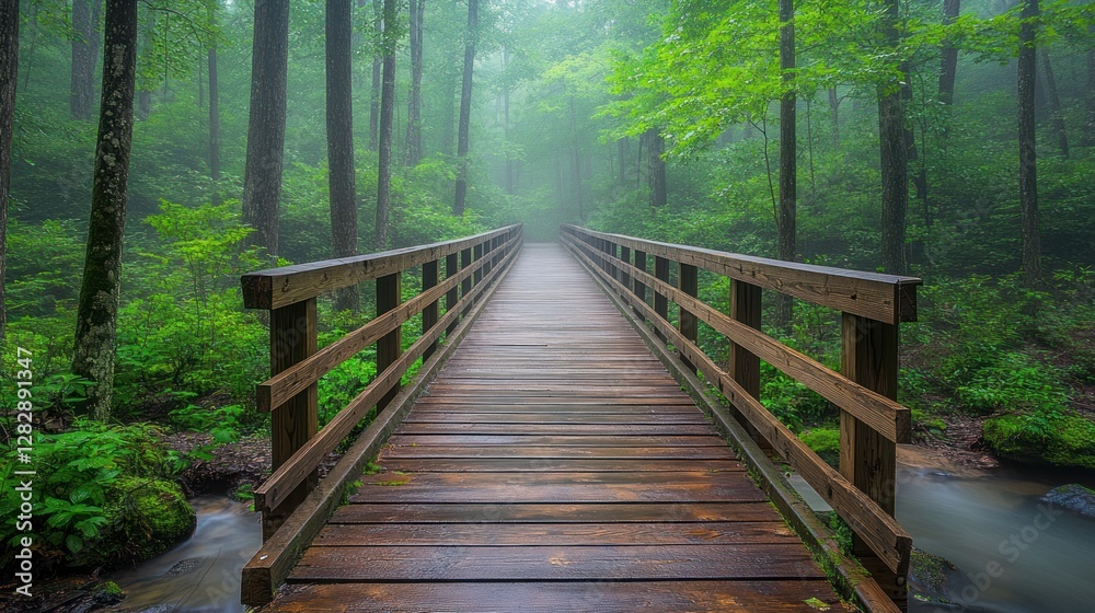 Fototapeta premium Misty forest bridge, tranquil creek, hiking path