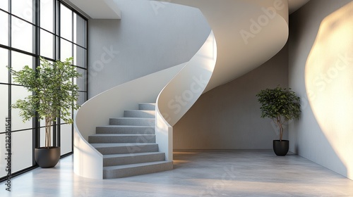Modern spiral staircase, sunlight, interior design