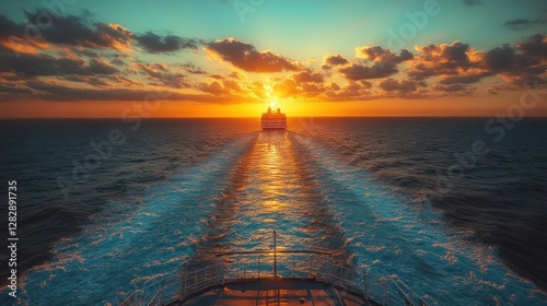 Sunset cruise ship wake at sea