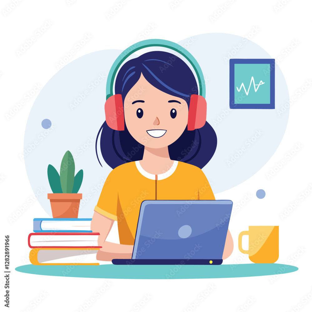 woman in headphones, studying at laptop. Happy female student watching business webinar. Video conference call, remote work communication. Flat vector illustration isolated on white background woman in headphones, studying at laptop. Happy female student watching business webinar. Video conference call, remote work communication. Flat vector illustration isolated on white background