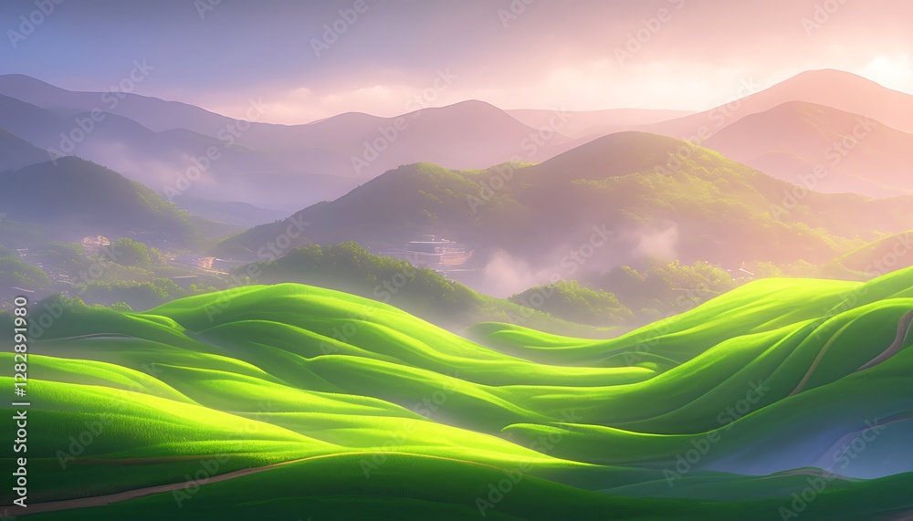 Obraz premium Sunrise over rolling hills, village nestled in valley
