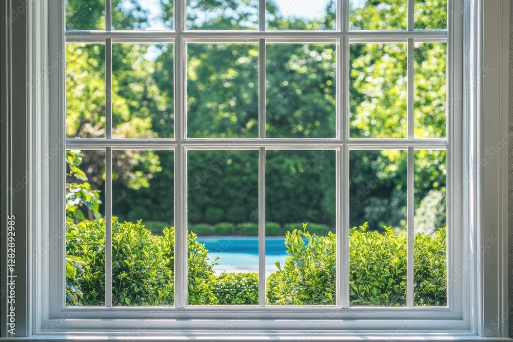 Naklejka premium Interior window view of lush garden and pool