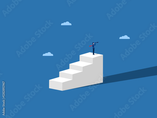 Businessman standing on the top step searching for new opportunities