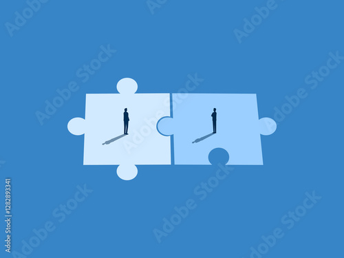 Partner, Binding Contract, Two Businessmen on Different Colored Puzzle Pieces