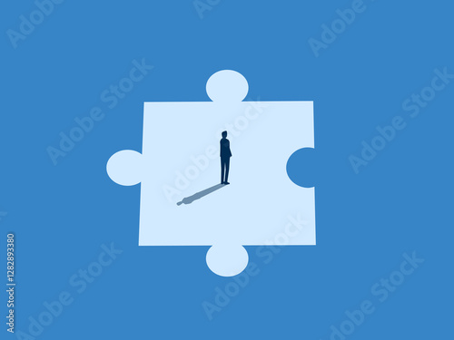 Find a partner, businessman on an incomplete puzzle piece