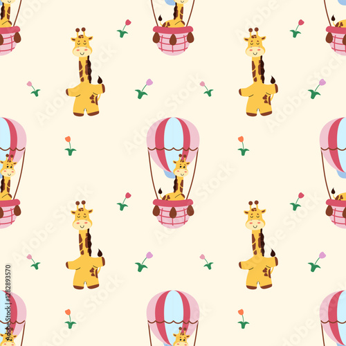 A seamless pattern with cute giraffes and a rainbow, designed for children's fabric.