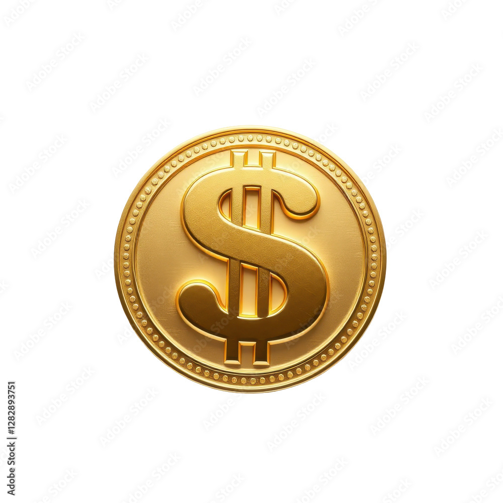 Golden Dollar Coin with Embossed Symbol Against White Background Golden Dollar Coin with Embossed Symbol Against White Background