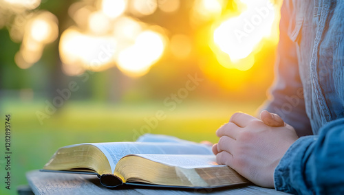 Person reading Bible outdoors at sunset; peaceful nature background; ideal for faith, spirituality, or religious websites