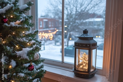 Snowy Christmas Window View Lantern Cozy photo
